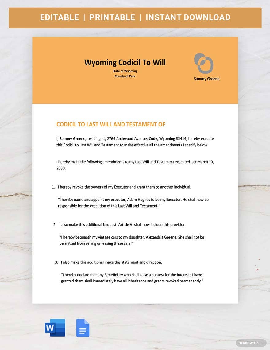 wyoming codicil to will ideas and examples