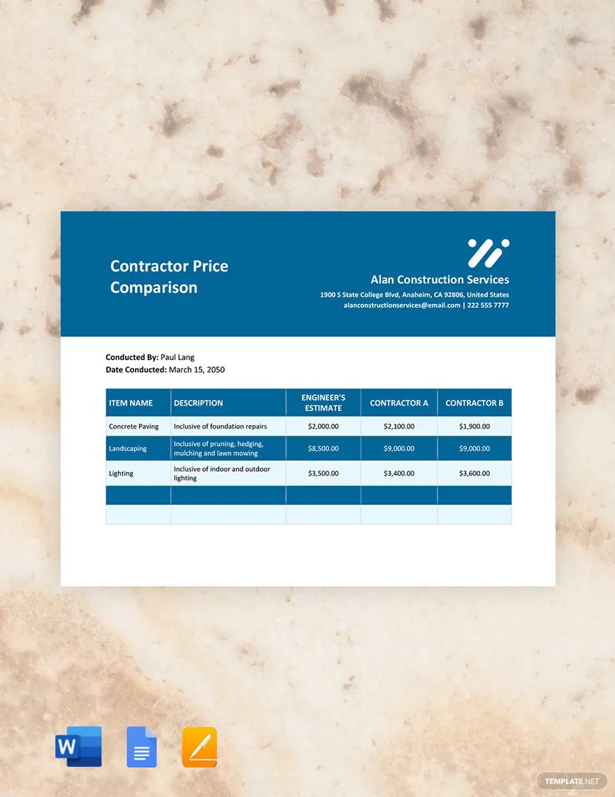 contractor price comparison ideas and examples