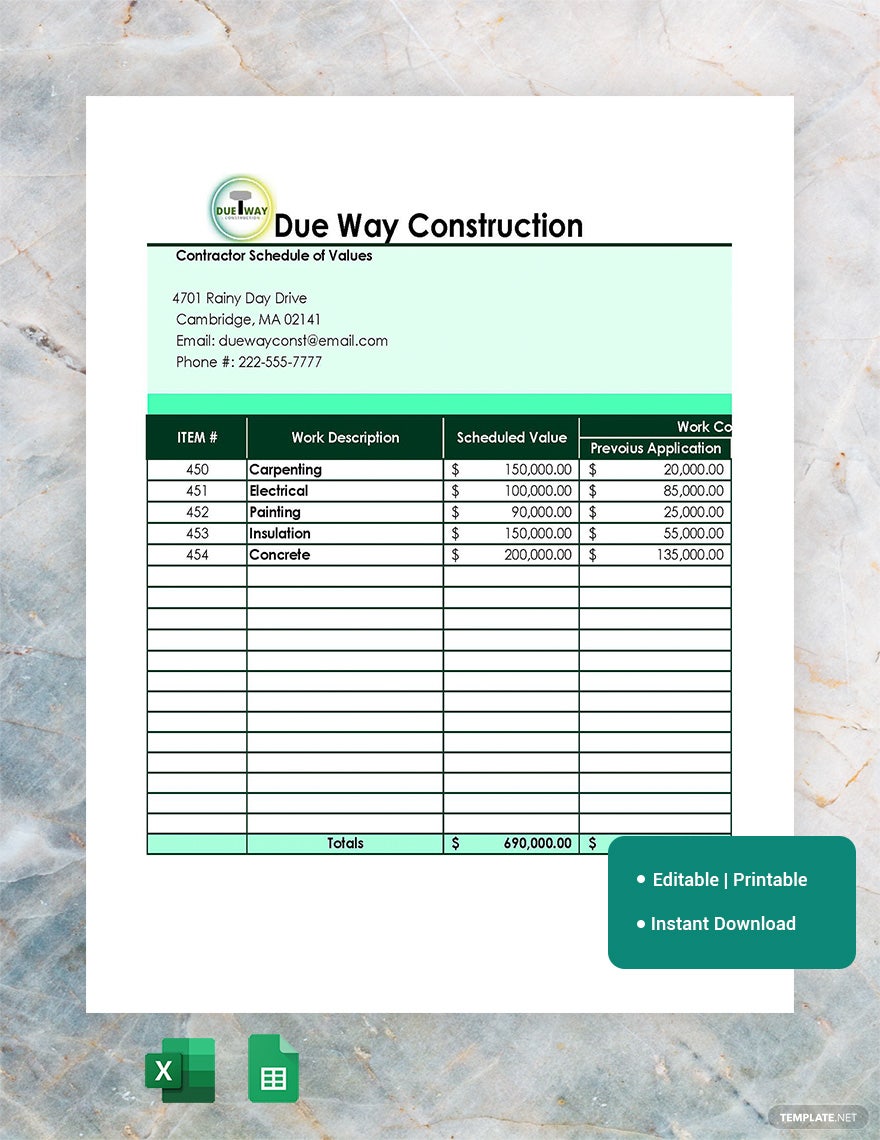 contractor schedule of values