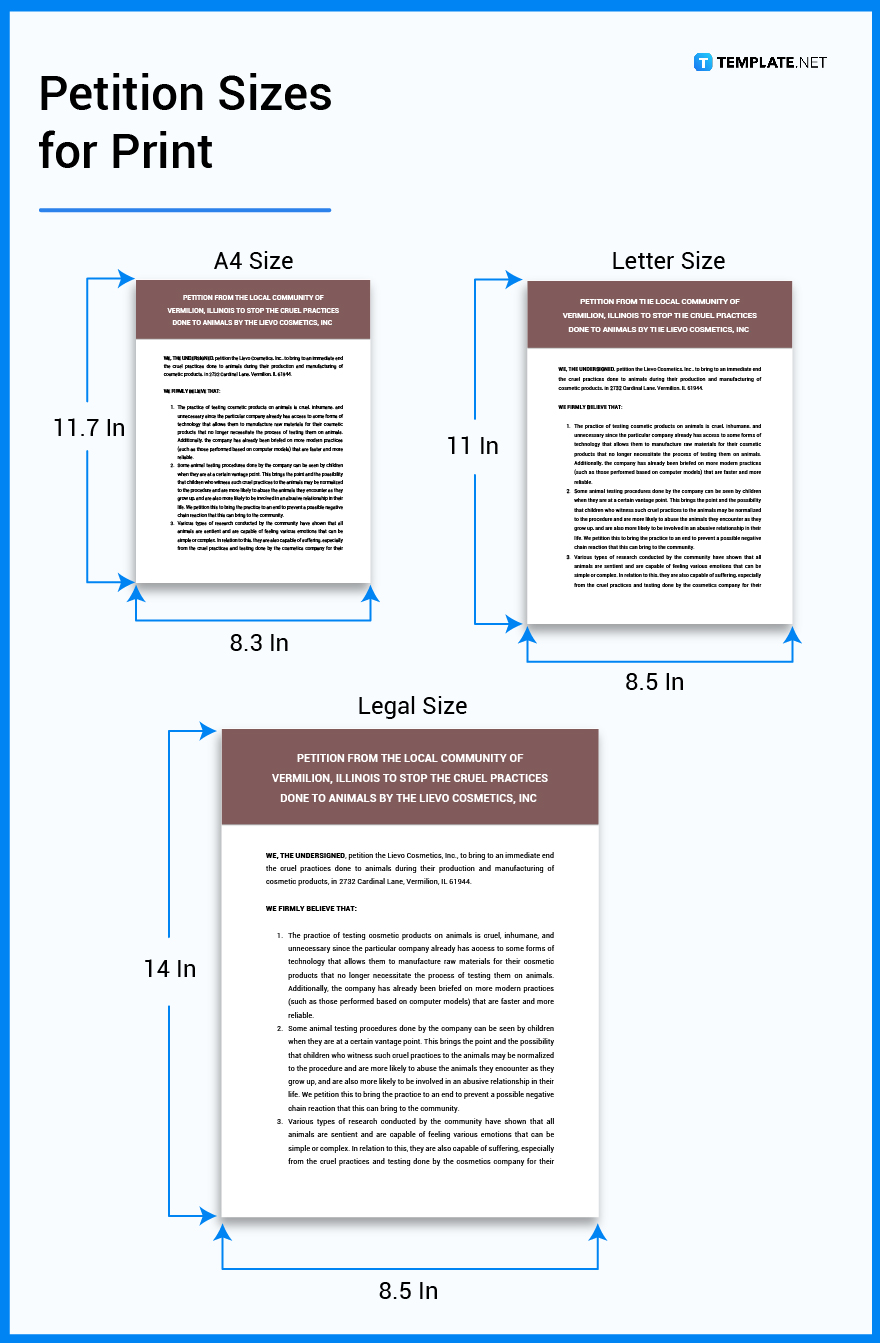 Petition Size Dimension, Inches, mm, cms, Pixel