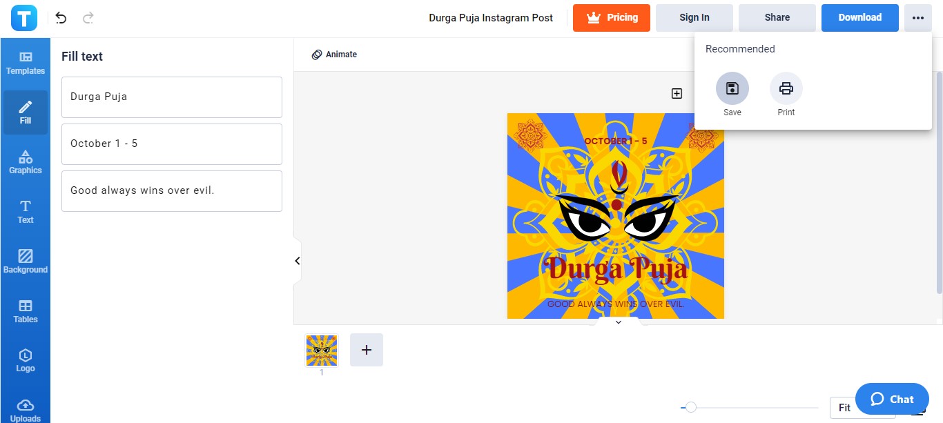 save a copy of your customized durga puja instagram post template