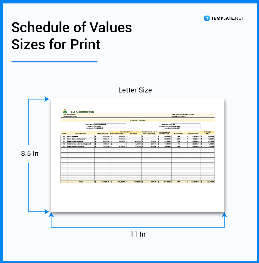 schedule of values sizes for print