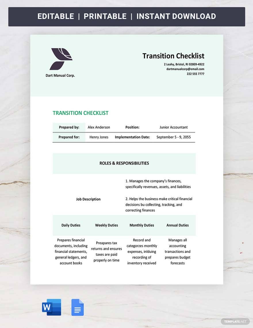 transition checklist ideas and examples