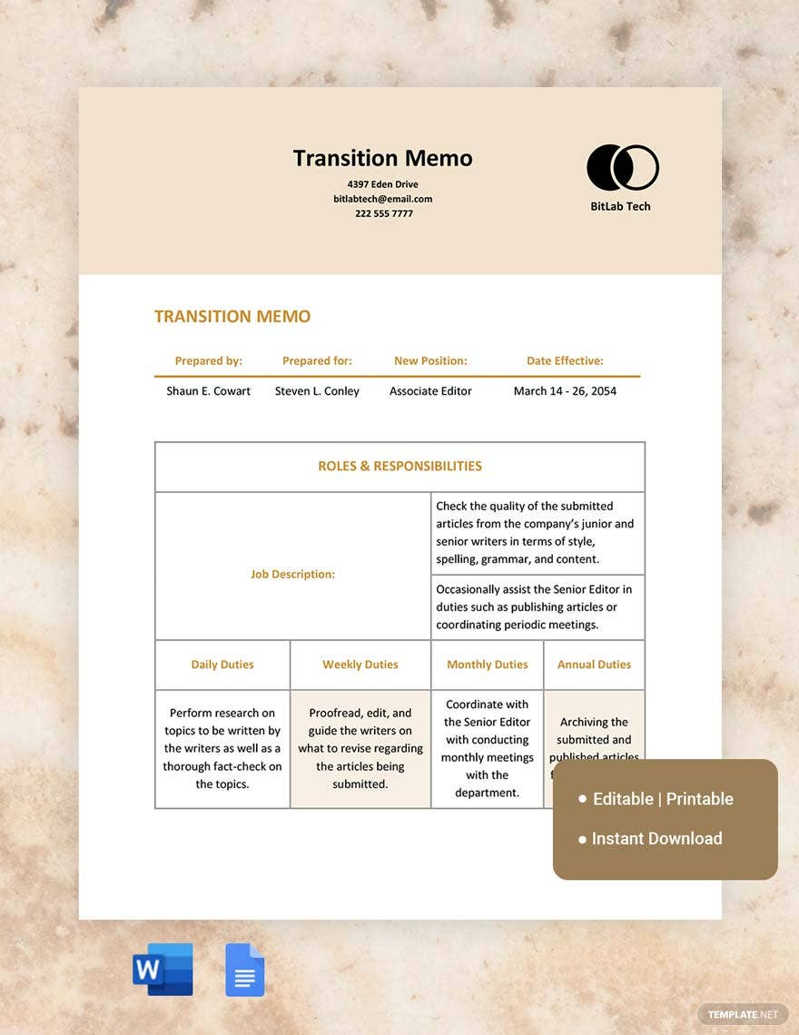 transition memo ideas and examples