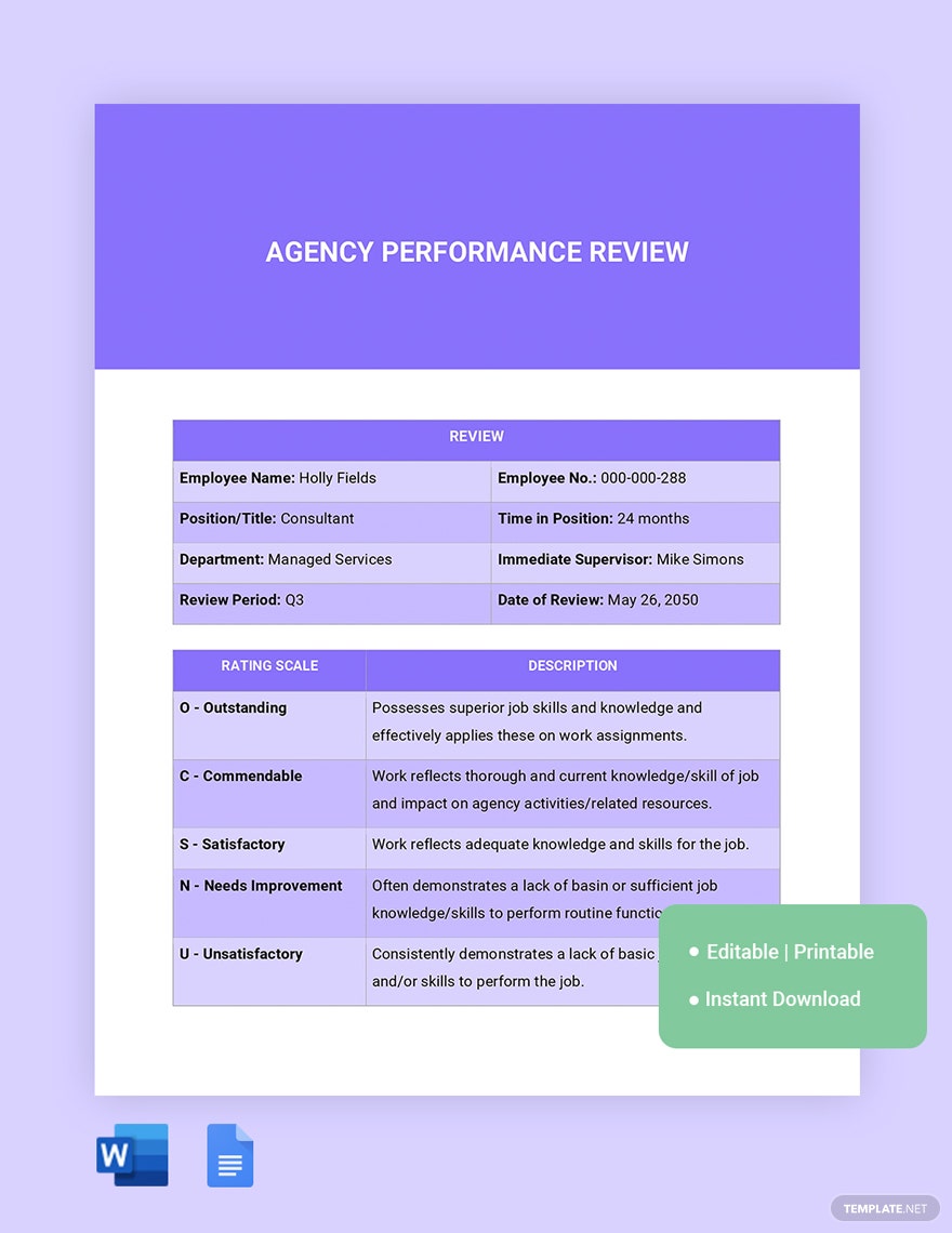 exemples d'idées d'examen de performance d'agence