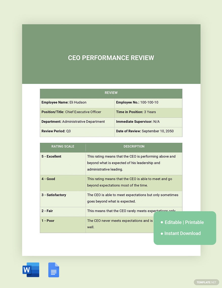 exemples d'idées d'évaluation des performances du PDG