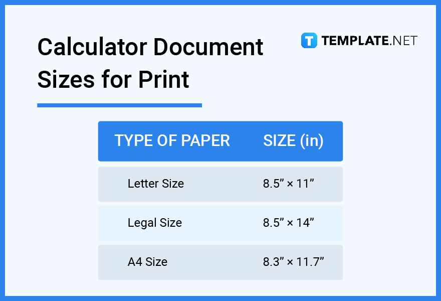 calculator document sizes for print