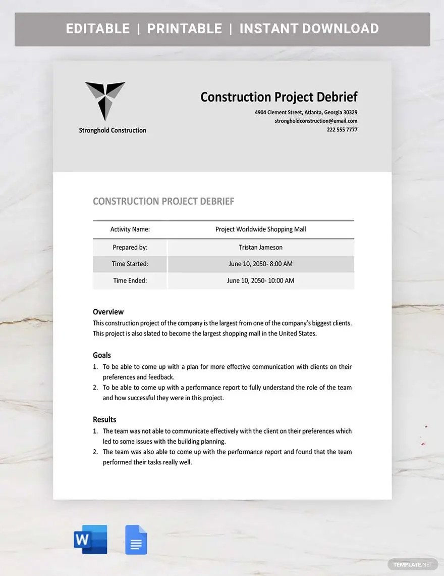 construction project debrief ideas and examples