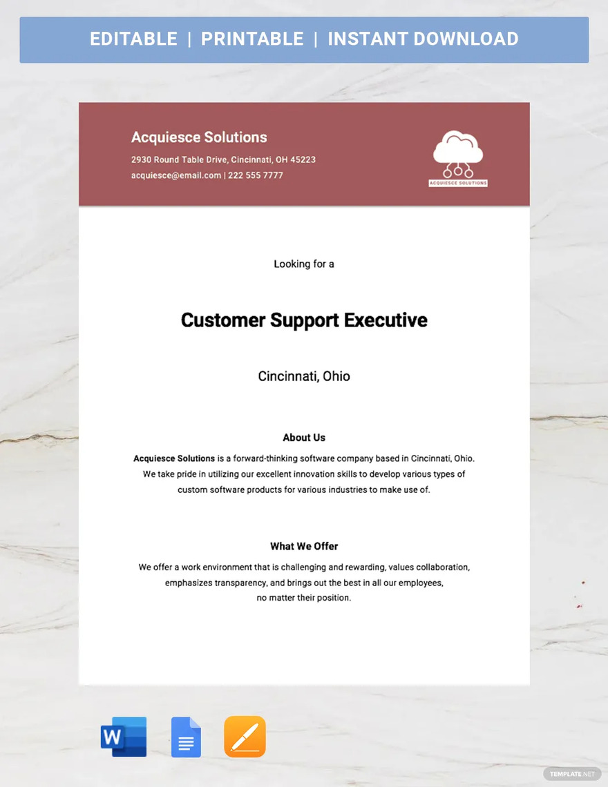 customer support executive job advertisement template