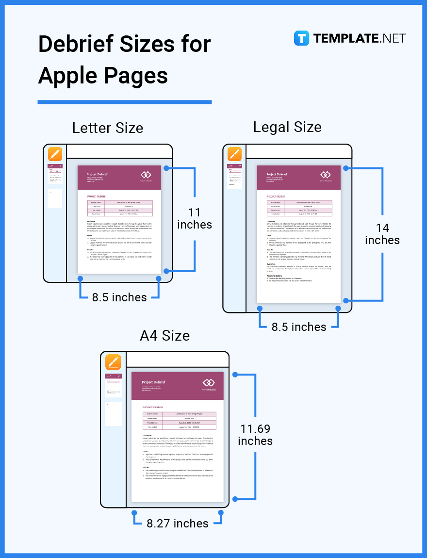 debrief sizes for apple pages