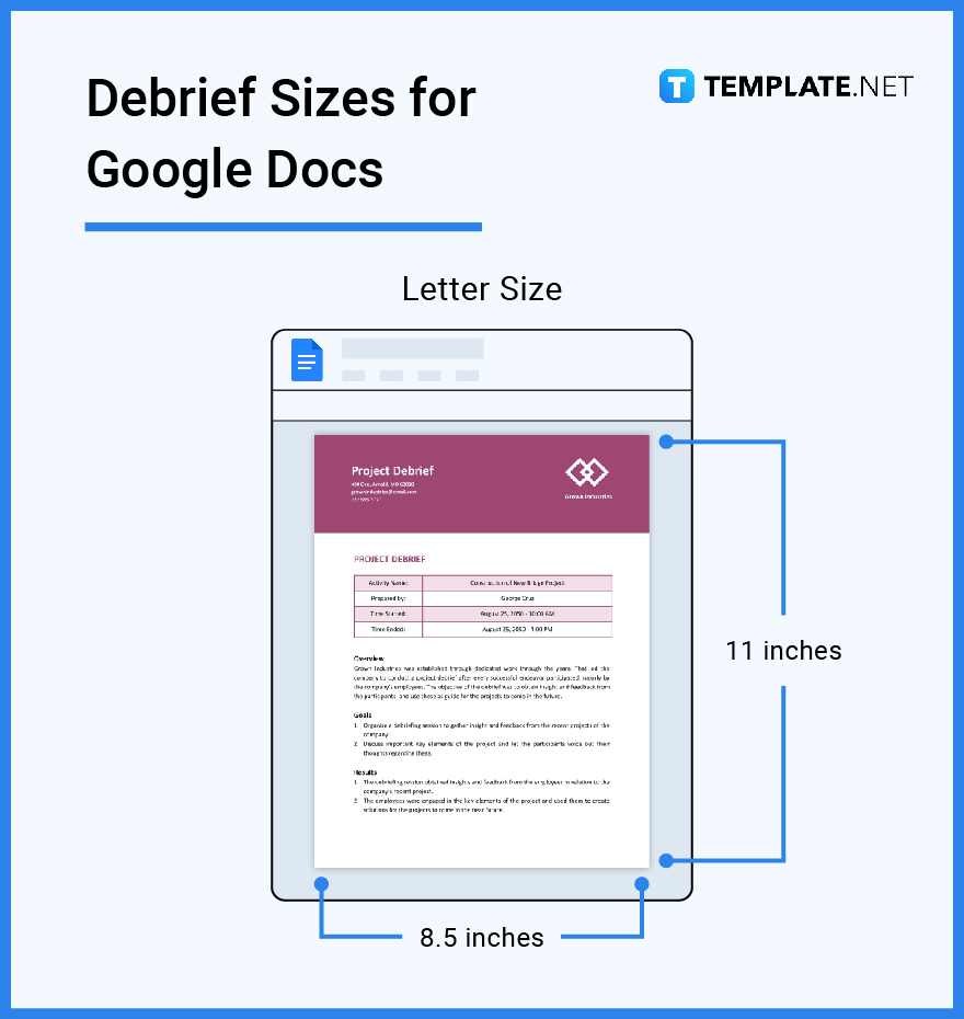 debrief sizes for google docs