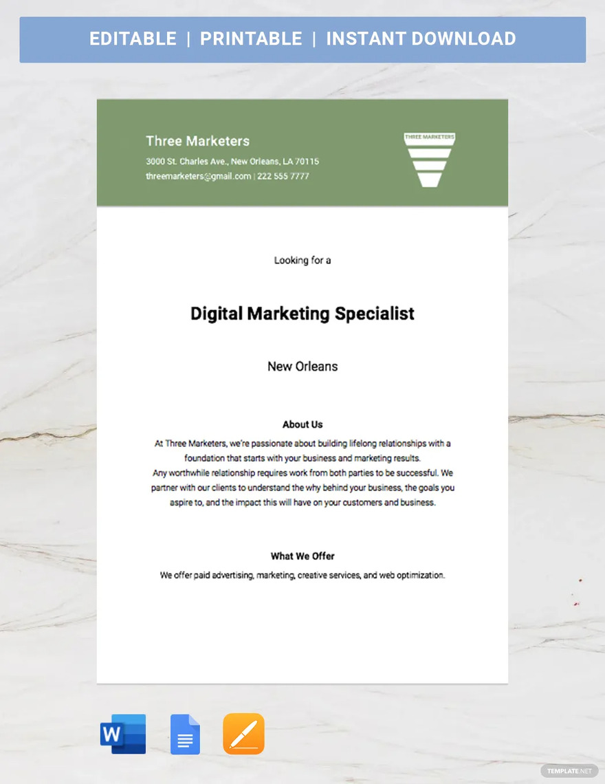 digital marketing manager job advertisement template