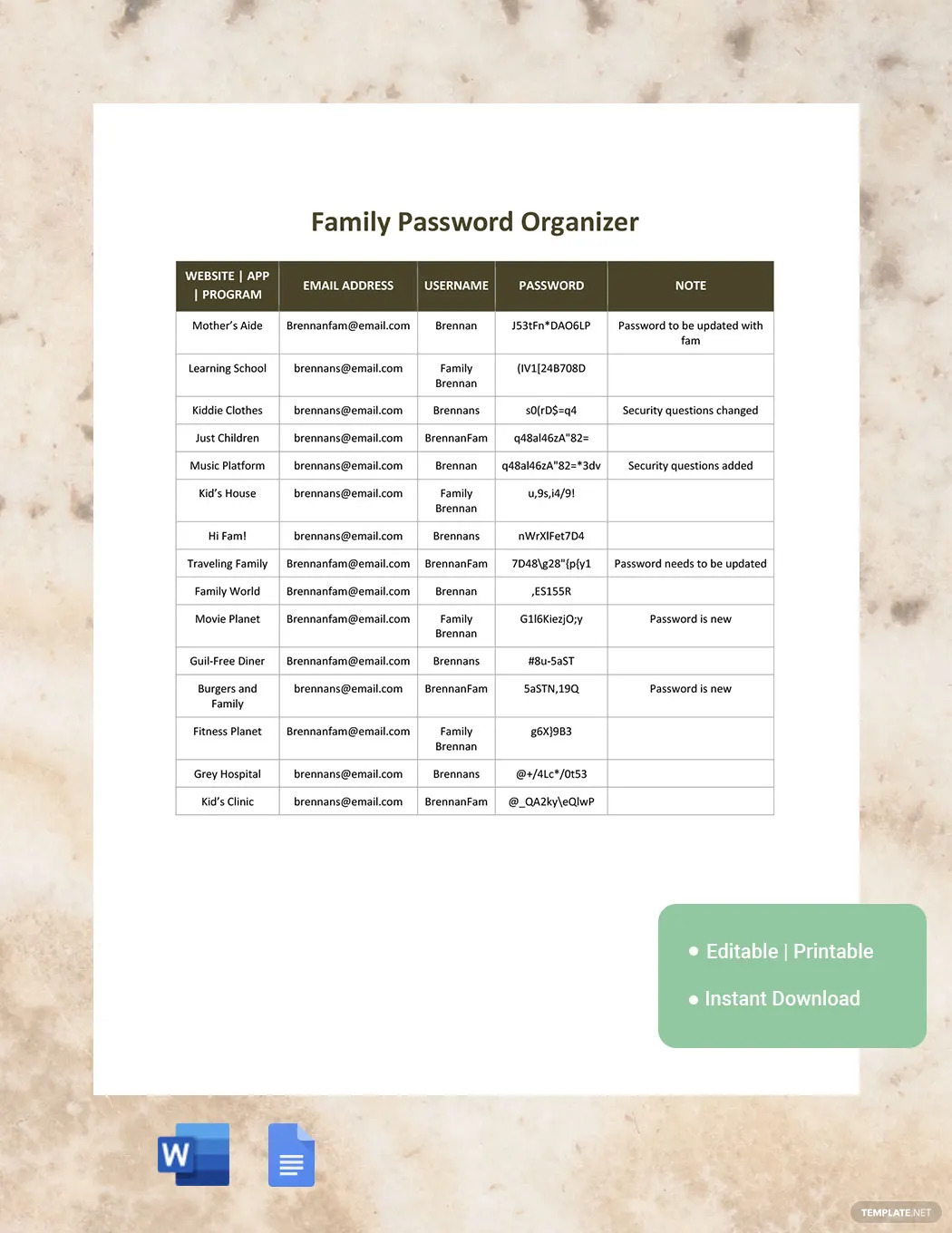 family password organizer ideas and examples