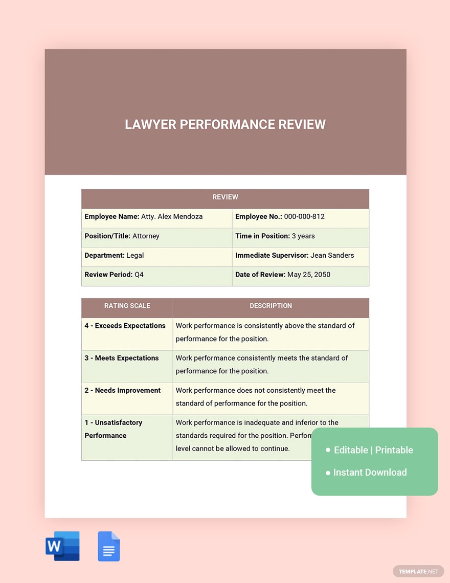 exemples d'idées d'examen de performance d'avocat
