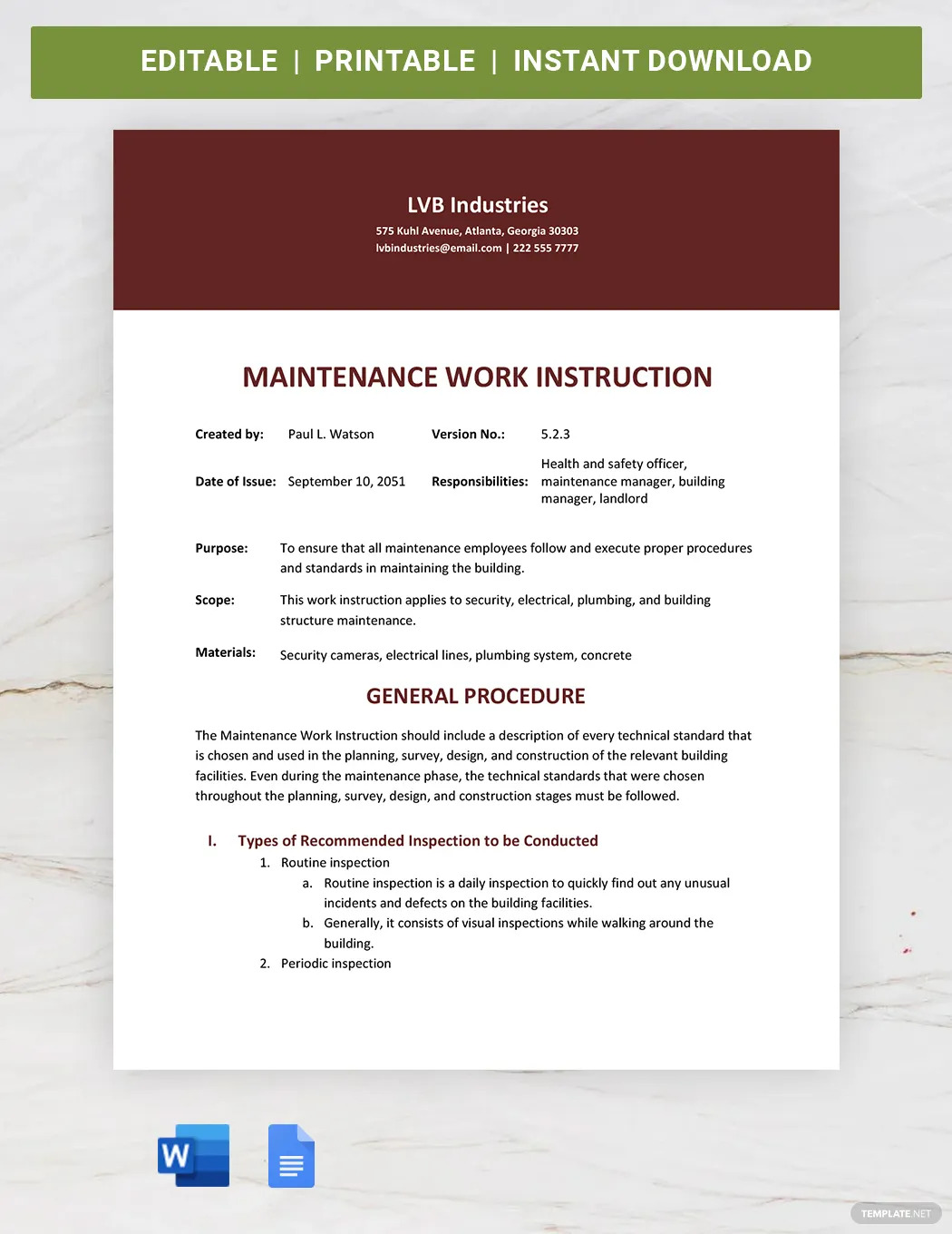 maintenance work instruction ideas and examples