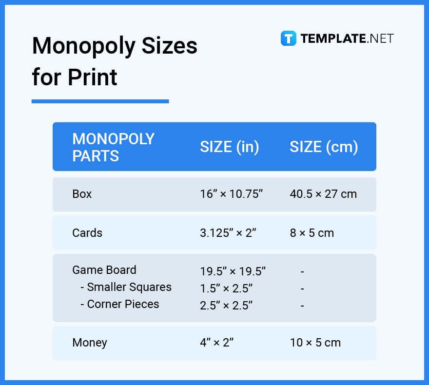 monopoly sizes for print