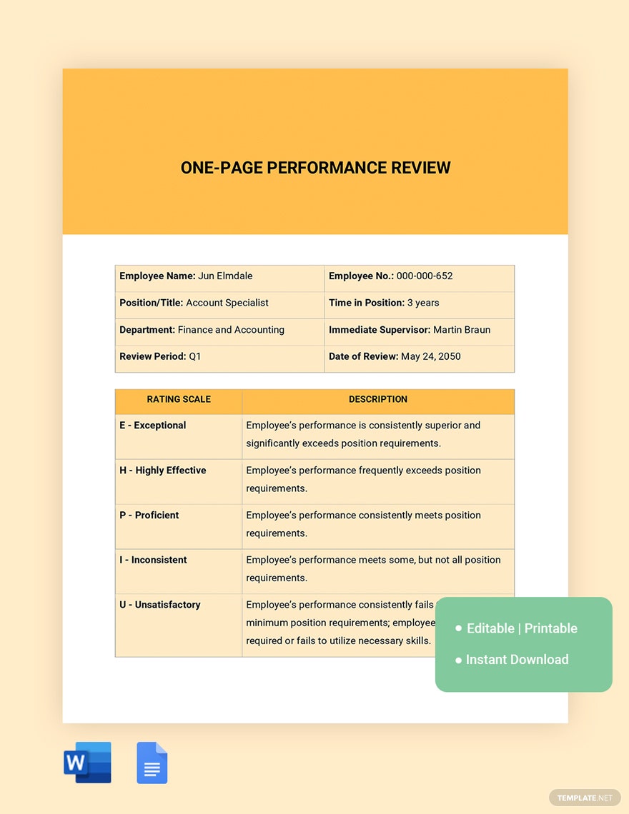 one page performance review ideas examples