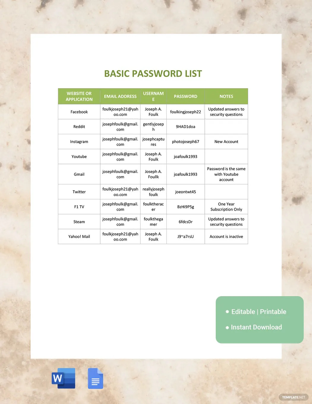 Password Document Ideas - Examples 2022