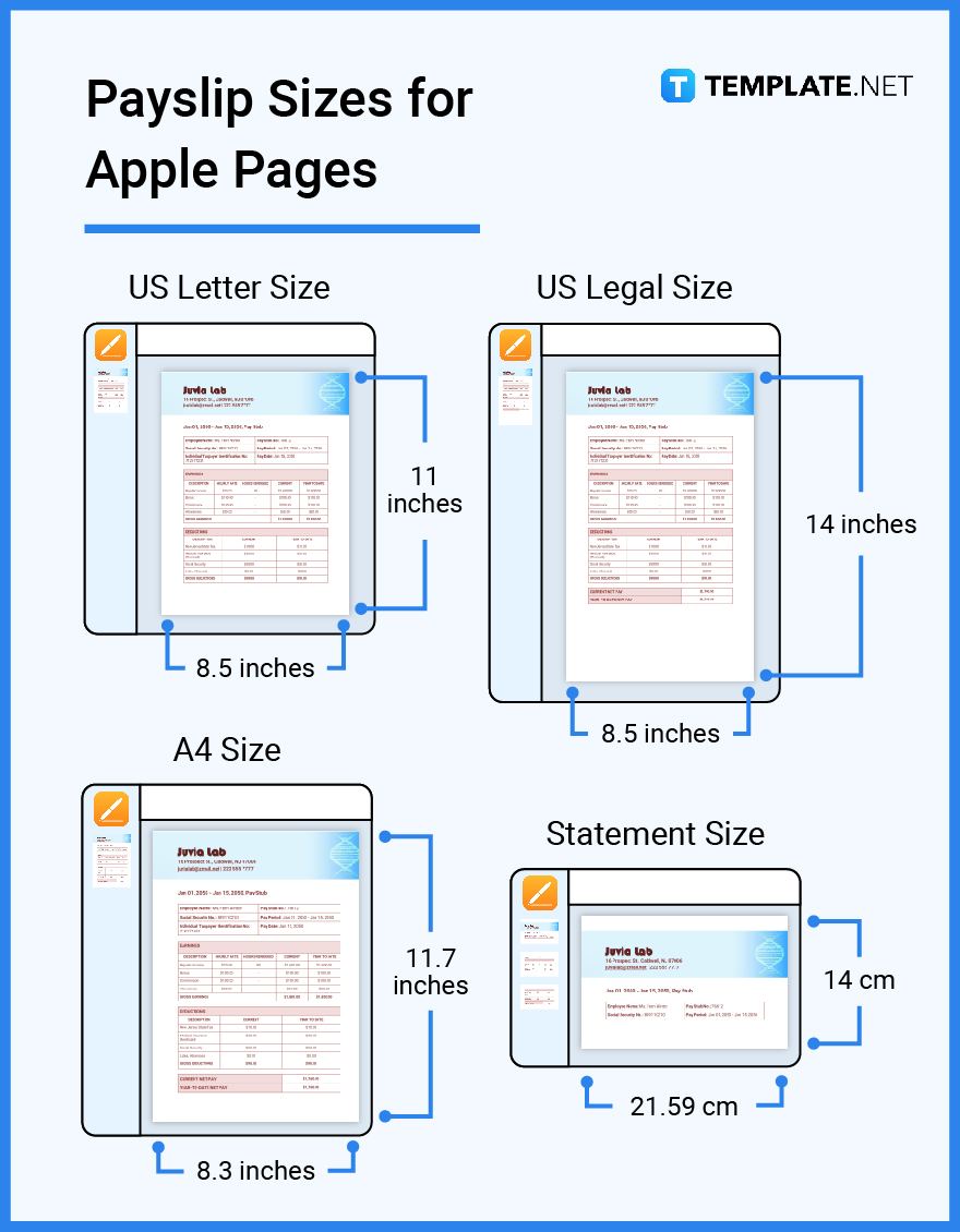 payslip sizes for apple pages