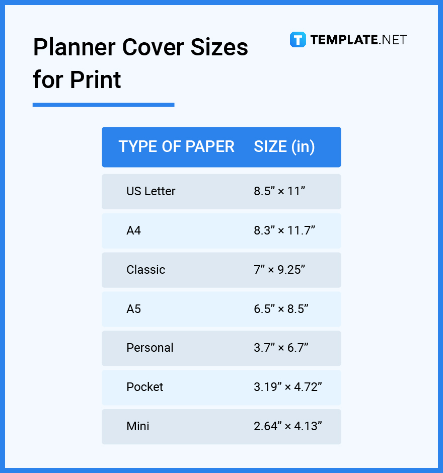 planner cover sizes for print