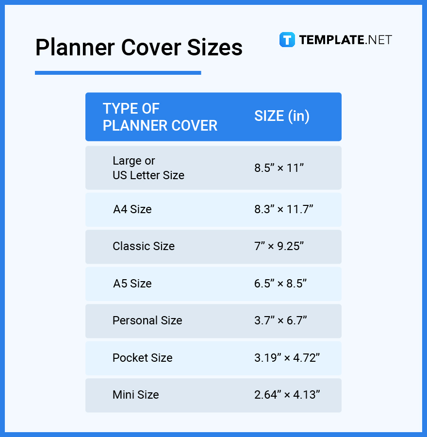 planner cover sizes