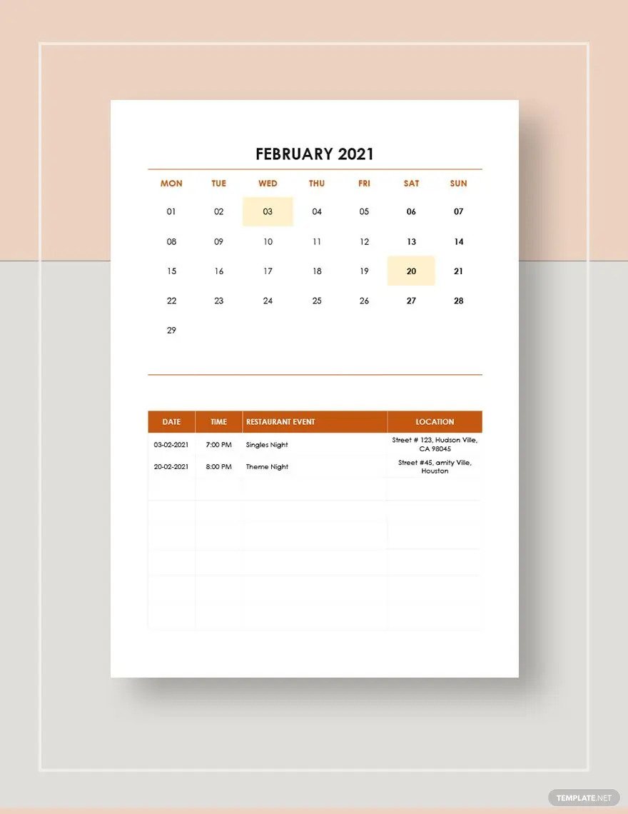 restaurant calendars