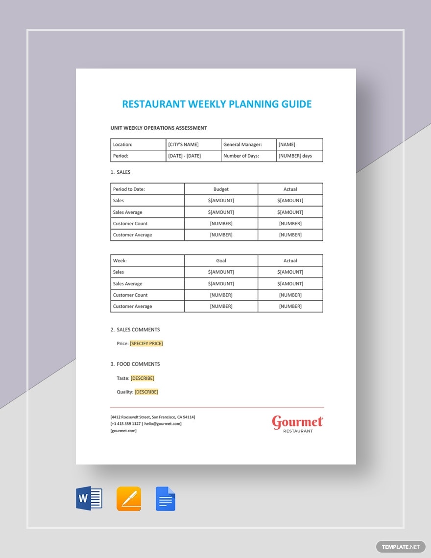 restaurant weekly planning guide
