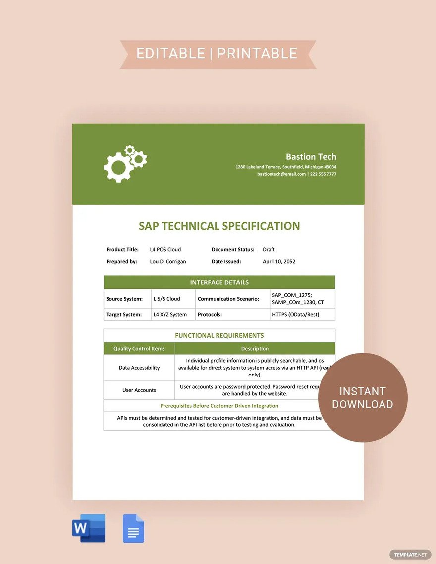 sap technical specification