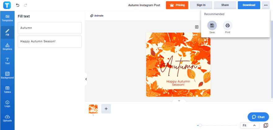 save your personalized autumn instagram post draft