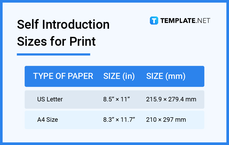 self introduction sizes for print