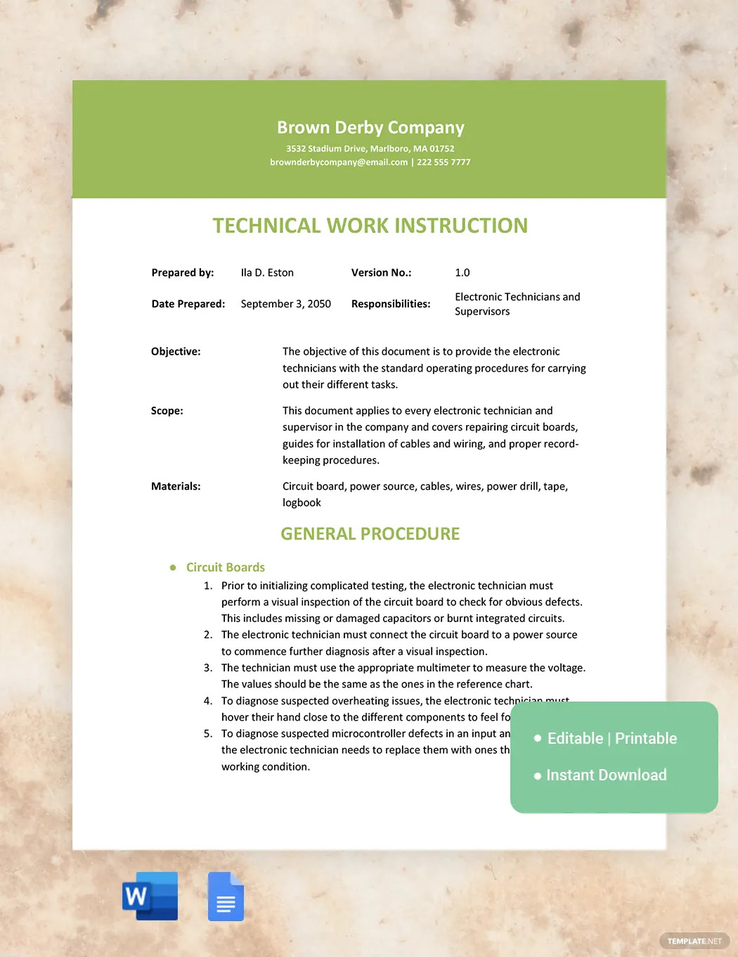 technical work instruction ideas and examples