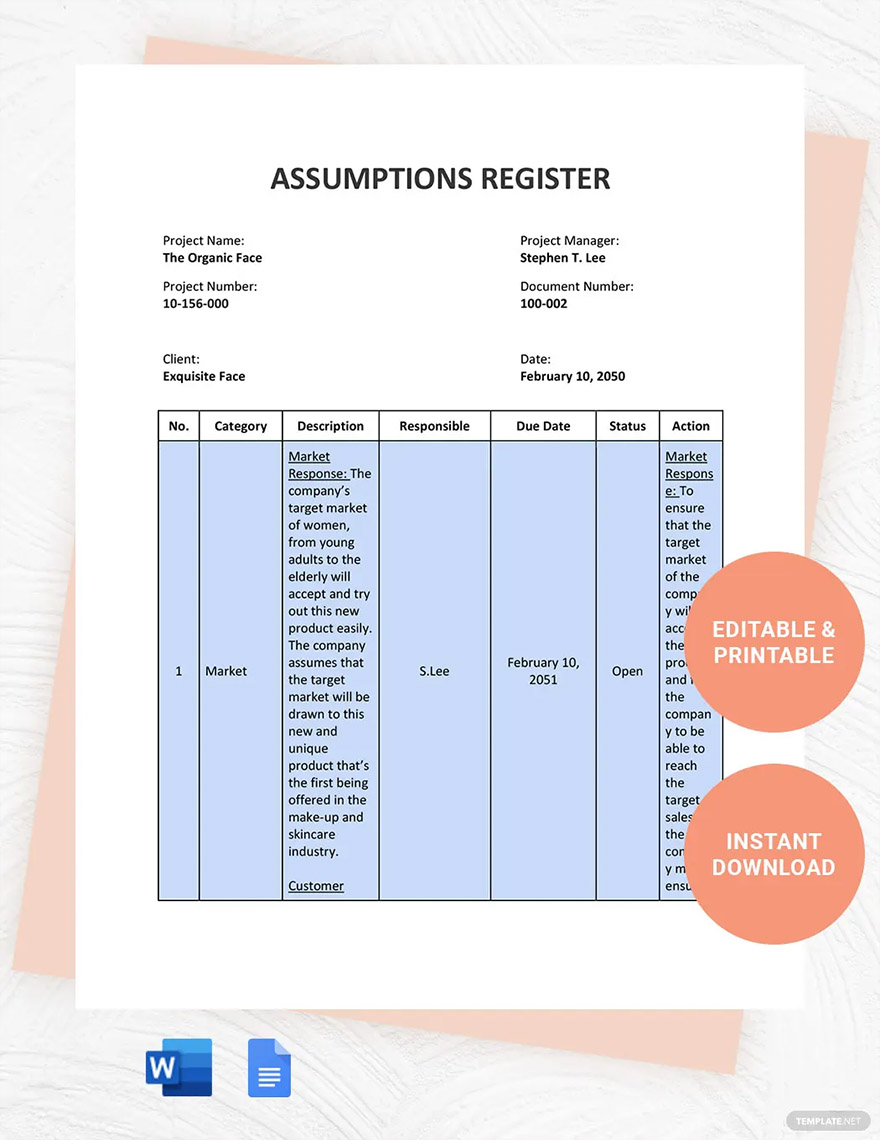 assumptions register