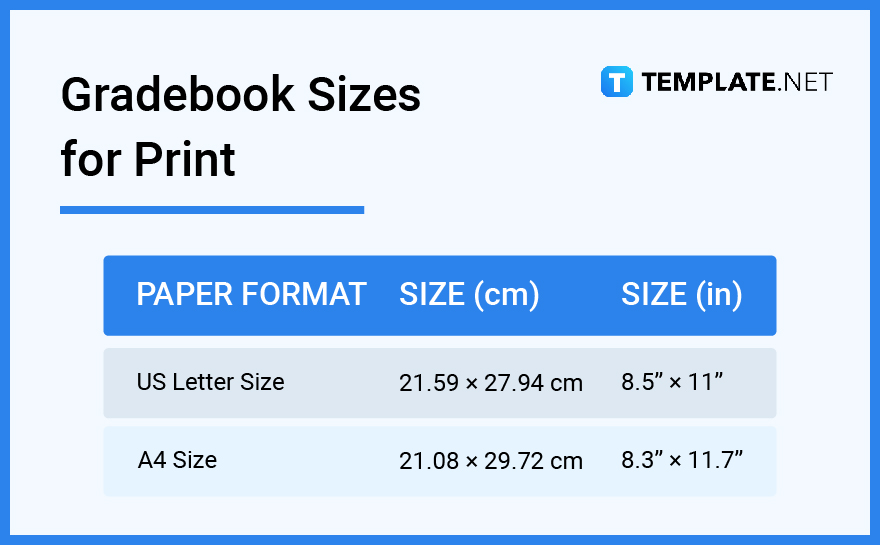 gradebook sizes for print