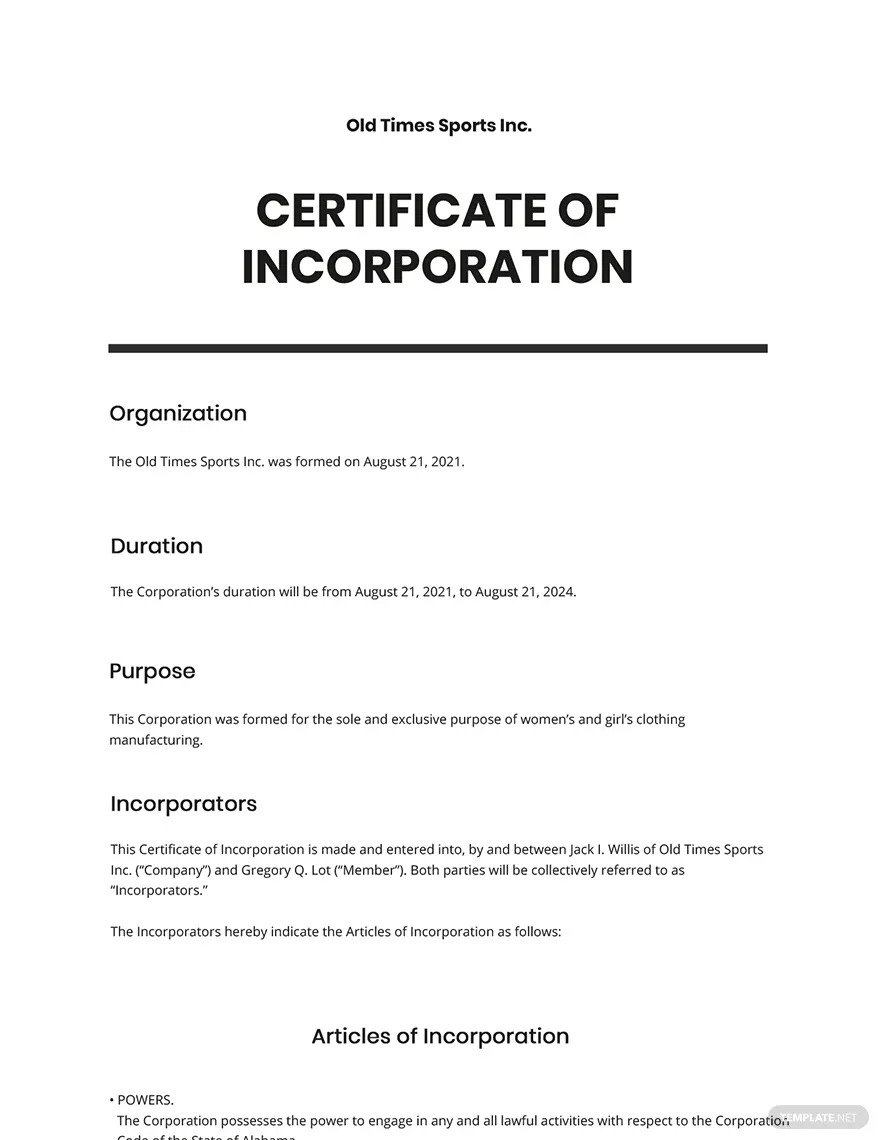 organization certificate of incorporation