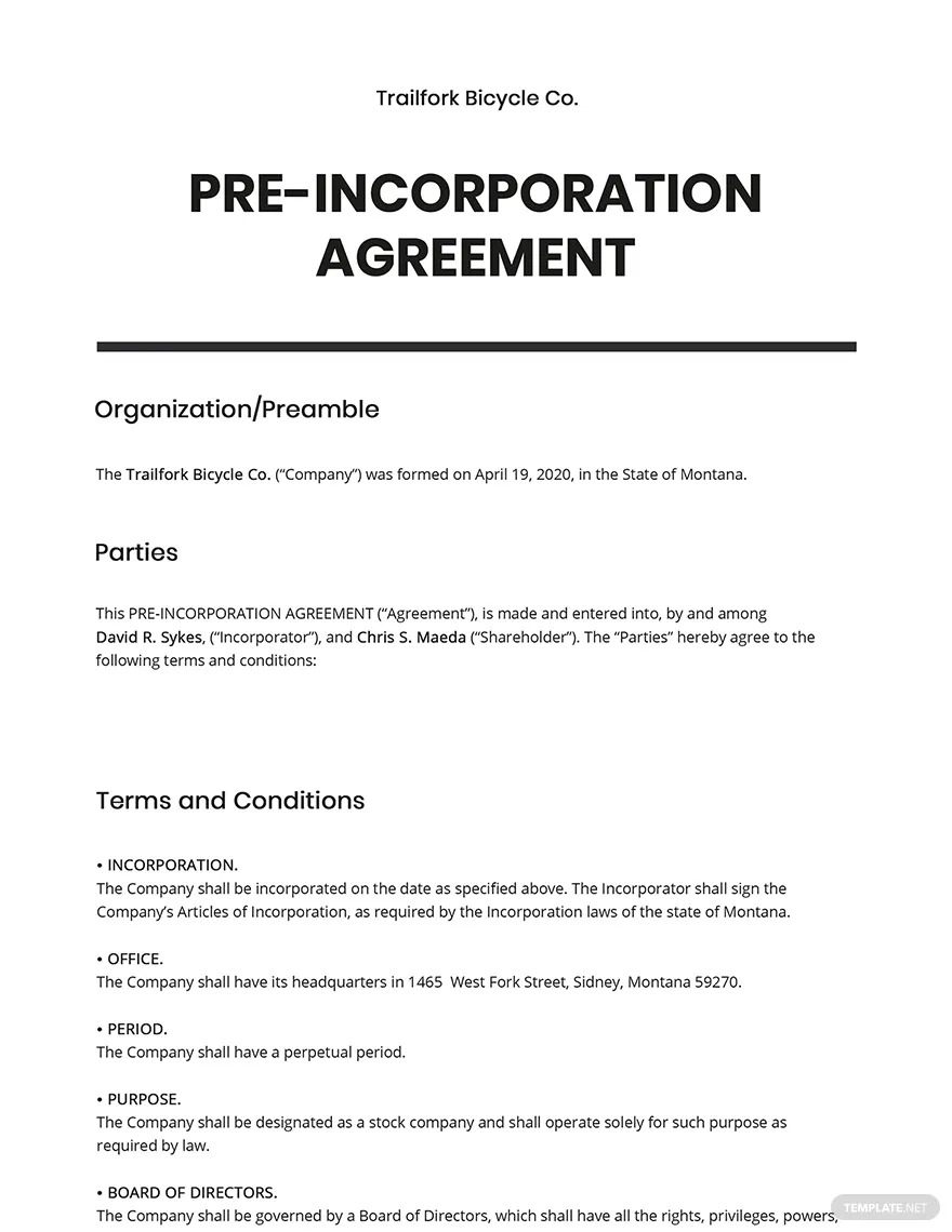 organization pre incorporation agreement