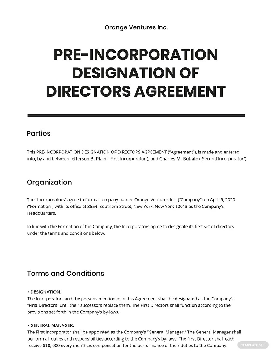 organization pre incorporation designation of directors