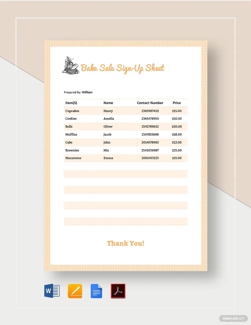 bake sale sign up sheet ideas and examples