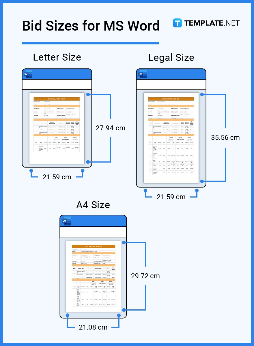bid sizes for ms word