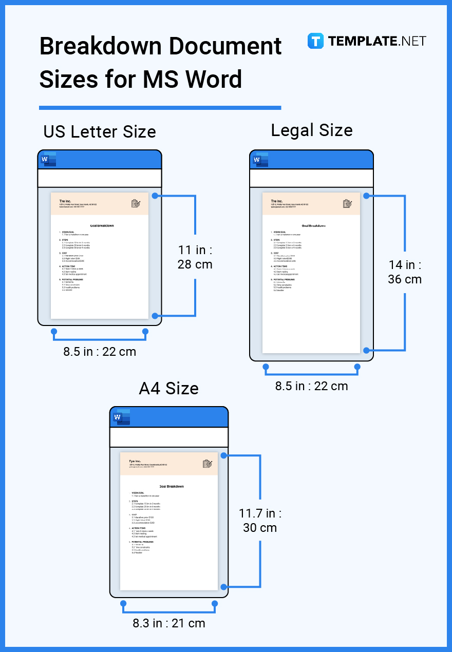 breakdown document sizes for ms word