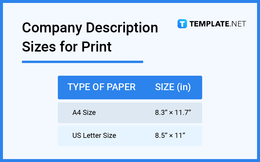company description sizes for print