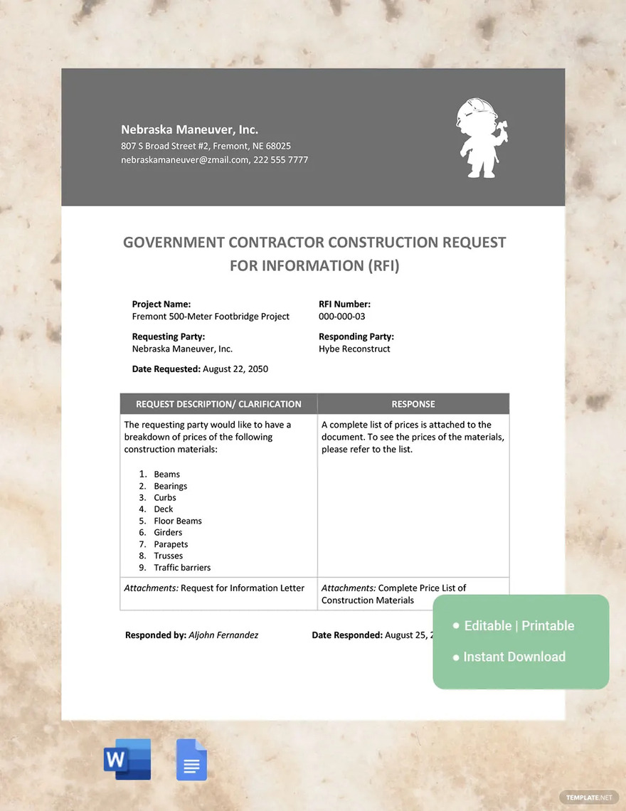 government contractor construction request for information ideas and examples