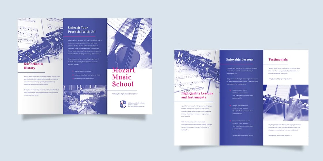 modern music school tri fold brochure template