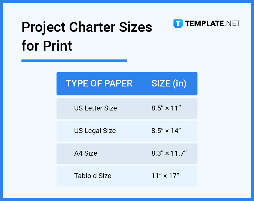 project charter sizes for print