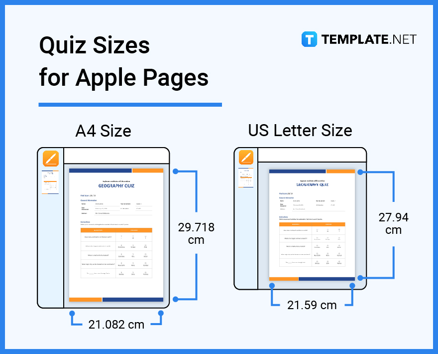 quiz sizes for apple pages