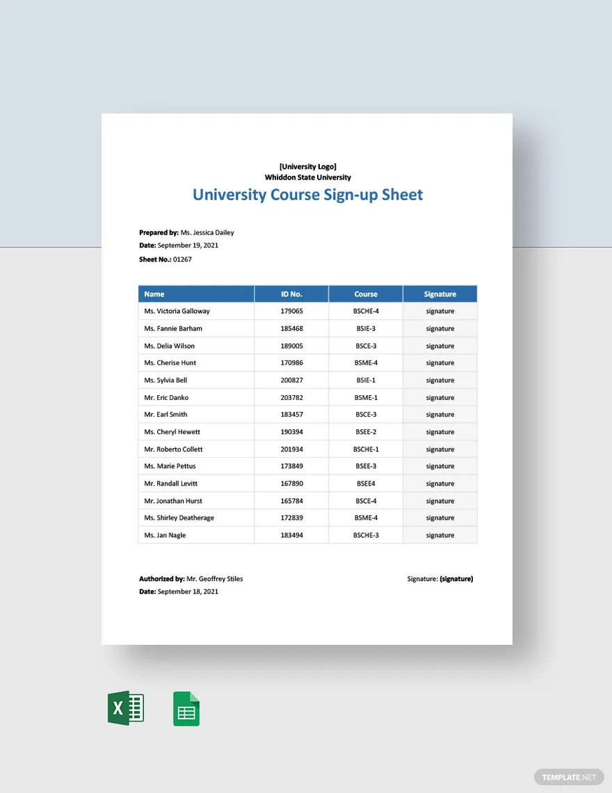 university course sign up sheet ideas and examples