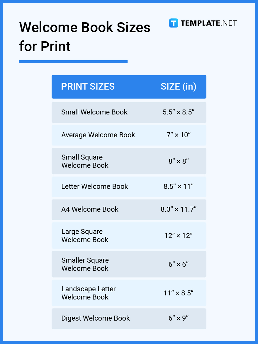 welcome book sizes for print