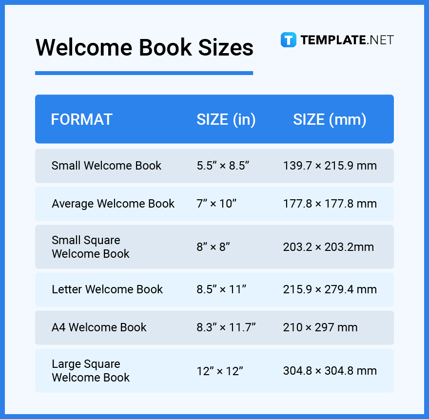 welcome book sizes