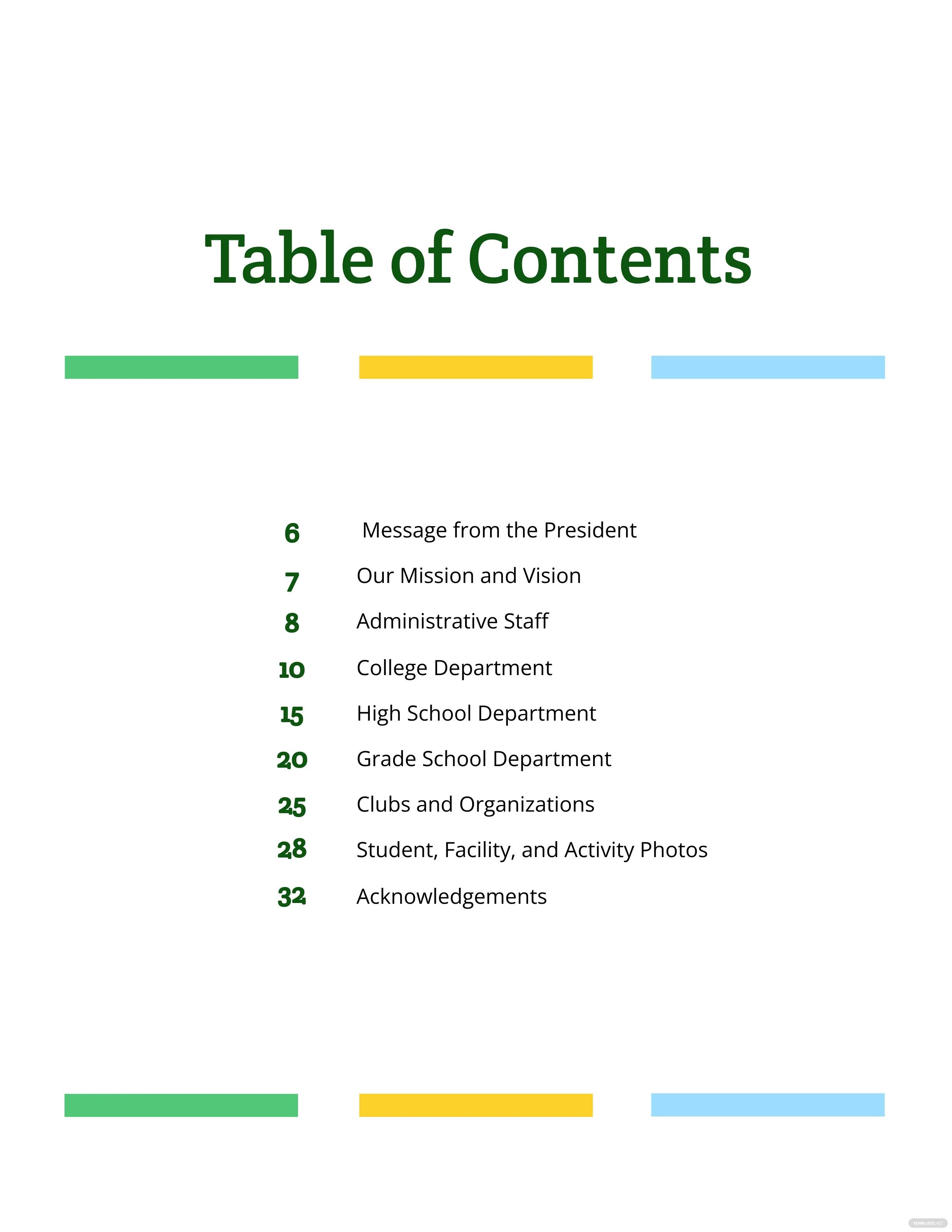 yearbook table of contents
