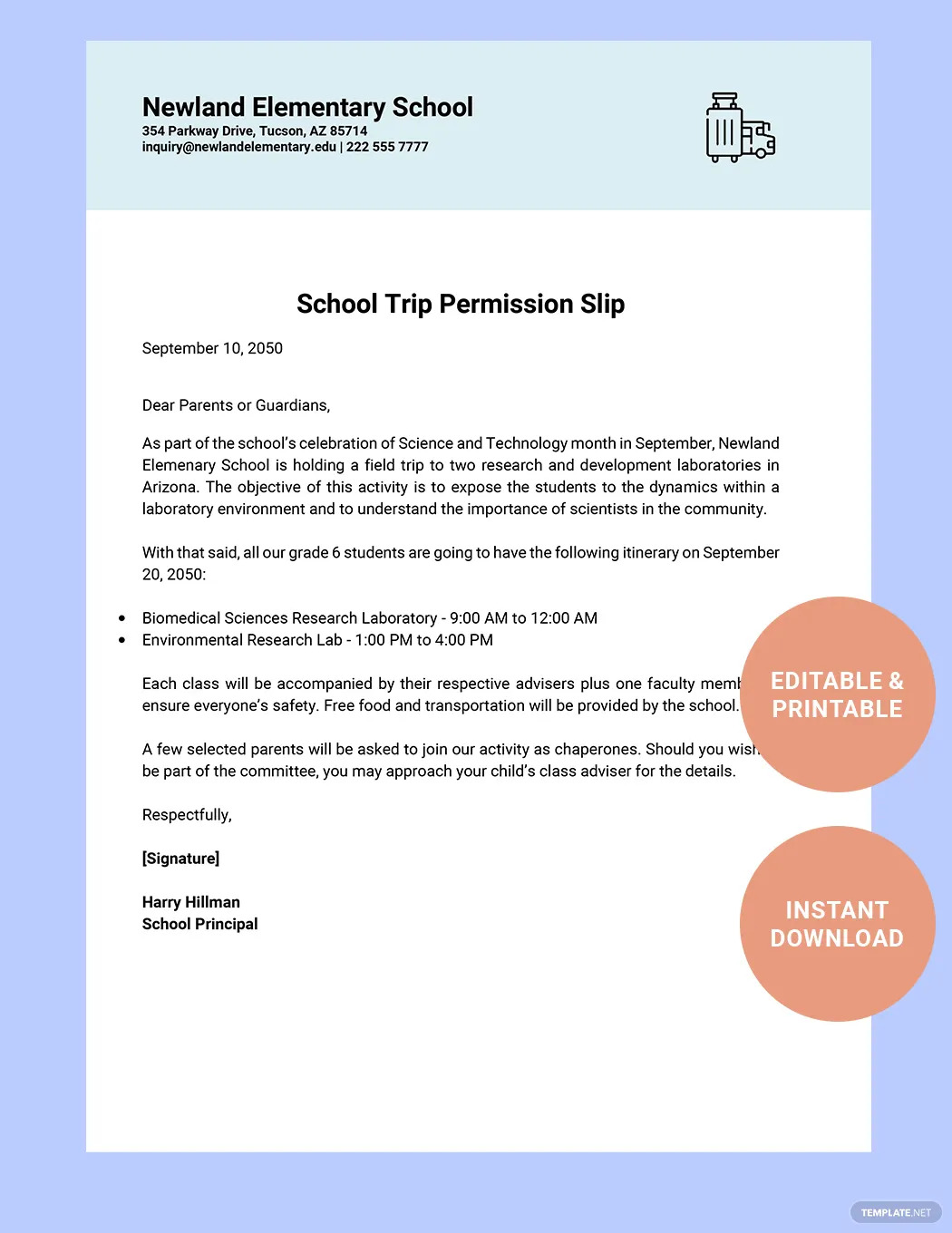 elementary school permission slip