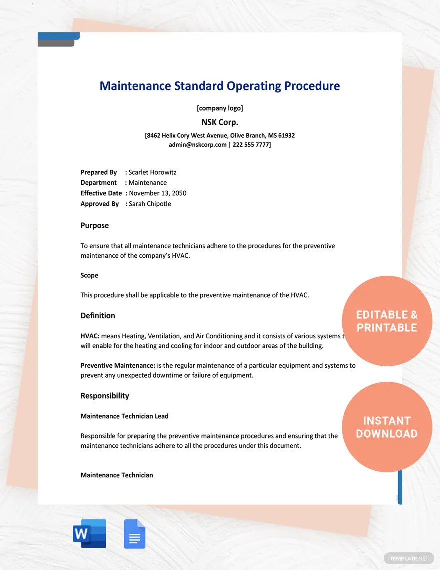 maintenance standard operating procedure ideas and examples
